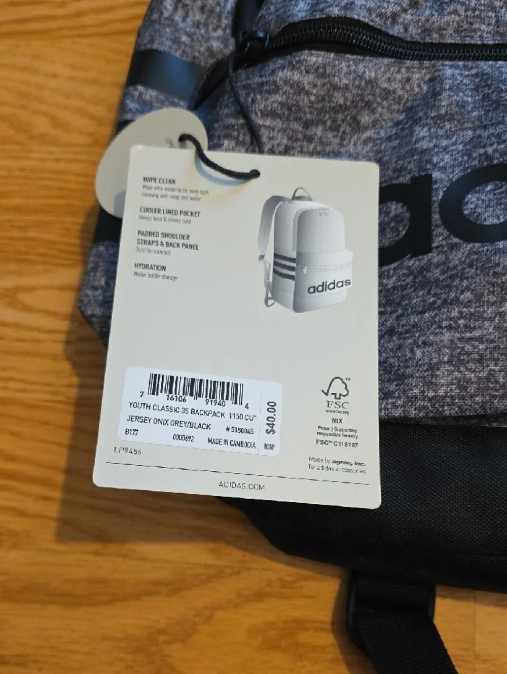 adidas Youth Classic 3S Jersey Onix Gray/Black Backpack